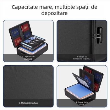Geantă pentru documente impermeabilă și rezistentă la foc, pentru călătorii, cu capacitate mare și compartimente, neagră