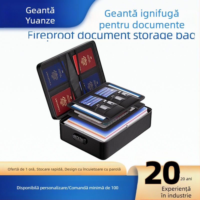 Geantă pentru documente impermeabilă și rezistentă la foc, pentru călătorii, cu capacitate mare și compartimente, neagră