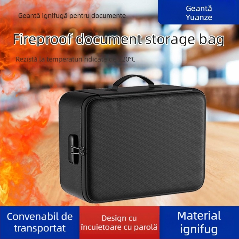 Geantă pentru documente impermeabilă și rezistentă la foc, pentru călătorii, cu capacitate mare și compartimente, neagră