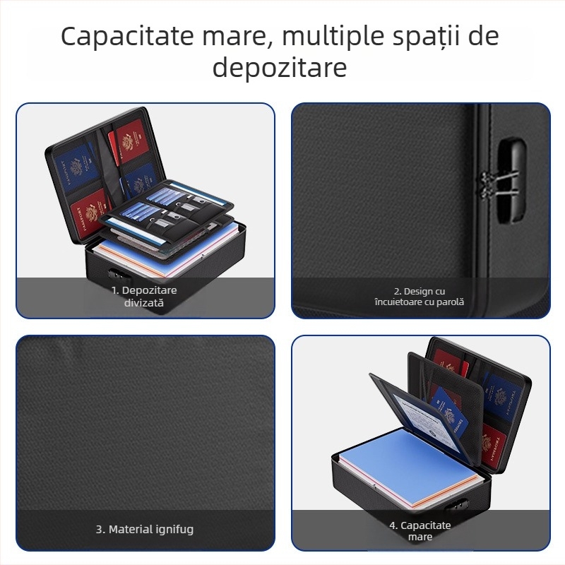Geantă pentru documente impermeabilă și rezistentă la foc, pentru călătorii, cu capacitate mare și compartimente, neagră