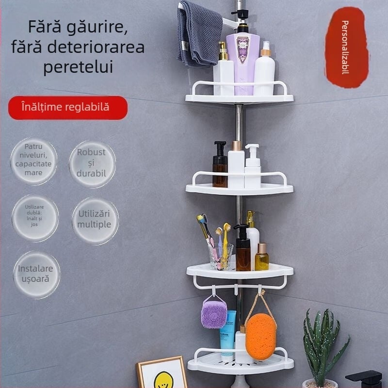 Raft de colț pentru baie, suport pe podea, fără găuri, organizator de baie cu 5 rafturi