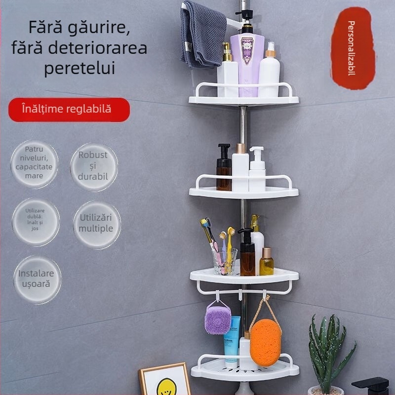 Raft de colț pentru baie, suport pe podea, fără găuri, organizator de baie cu 5 rafturi