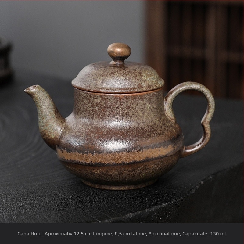 Ceainic și ceșcuță din ceramică, verde mușchi, lucrat manual, stil retro