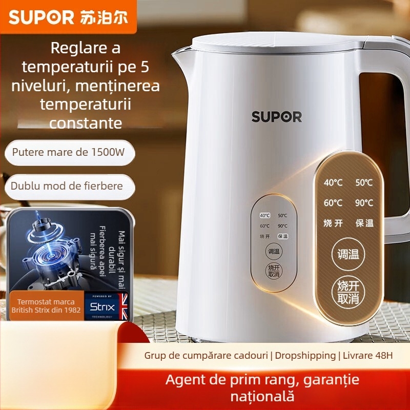 Supor fierbător electric 1,5 L cu afișaj lateral al temperaturii, control prin atingere, reglare în 5 trepte a temperaturii, oțel inoxidabil 304
