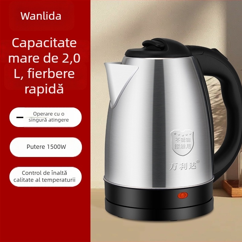 Fierbător electric Wanlida, 1–2 L, oțel inoxidabil, 1500 W, întrerupere automată, bază rotativă la 360°, fierbere rapidă