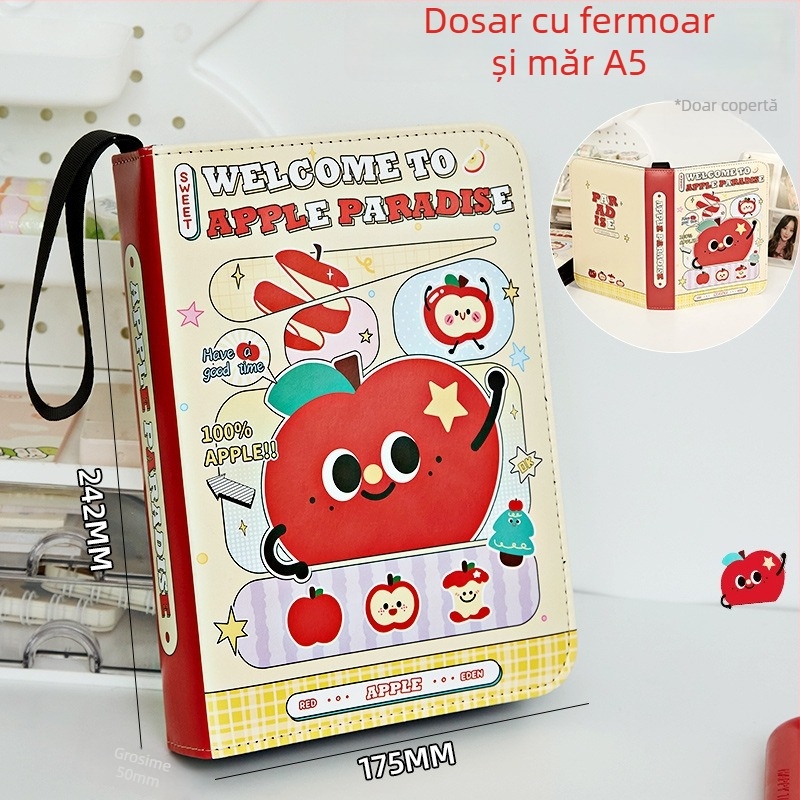 Apple Paradise Album din piele pentru carduri, cu compartimente în patru, fermoar, format A5, capacitate mare