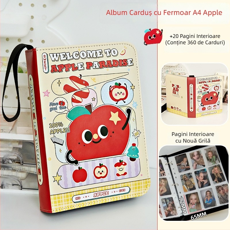 Apple Paradise Album din piele pentru carduri, cu compartimente în patru, fermoar, format A5, capacitate mare