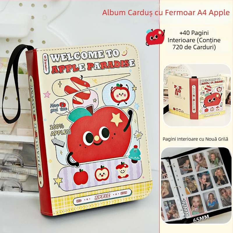 Apple Paradise Album din piele pentru carduri, cu compartimente în patru, fermoar, format A5, capacitate mare