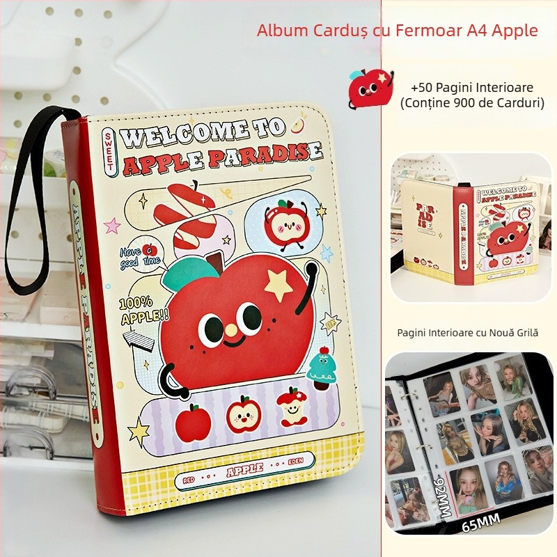 Apple Paradise Album din piele pentru carduri, cu compartimente în patru, fermoar, format A5, capacitate mare