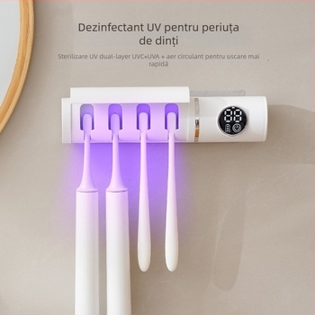 Sterilizator inteligent pentru periuțe UV, reîncărcabil, montaj pe perete fără găuri, 4 compartimente pentru periute, uscare cu aer