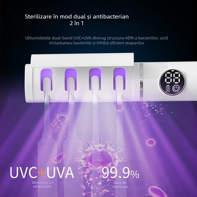 Sterilizator inteligent pentru periuțe UV, reîncărcabil, montaj pe perete fără găuri, 4 compartimente pentru periute, uscare cu aer