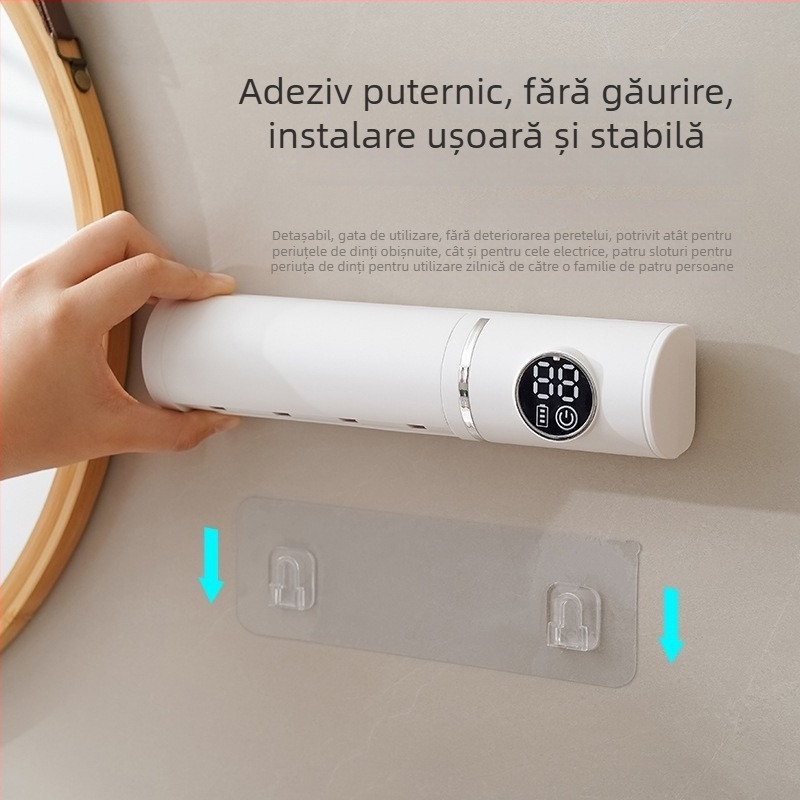 Sterilizator inteligent pentru periuțe UV, reîncărcabil, montaj pe perete fără găuri, 4 compartimente pentru periute, uscare cu aer