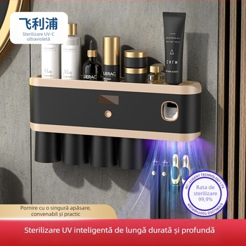 Suport de perete cu dezinfectare UV pentru periute de dinți, spațiu de depozitare și uscare, montaj fără găuri, multifuncțional