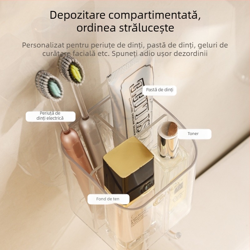 Suport pentru periuțe montat pe perete, cu 4 compartimente, pentru baie, PET material