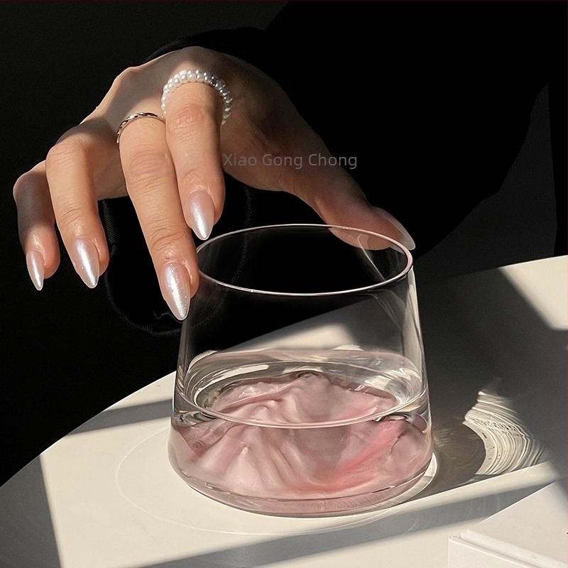 Pahar de sticlă inspirat de Instagram, Muntele Fuji, peisaj roz cu munți, sticlă de înaltă calitate pentru whiskey și lichior