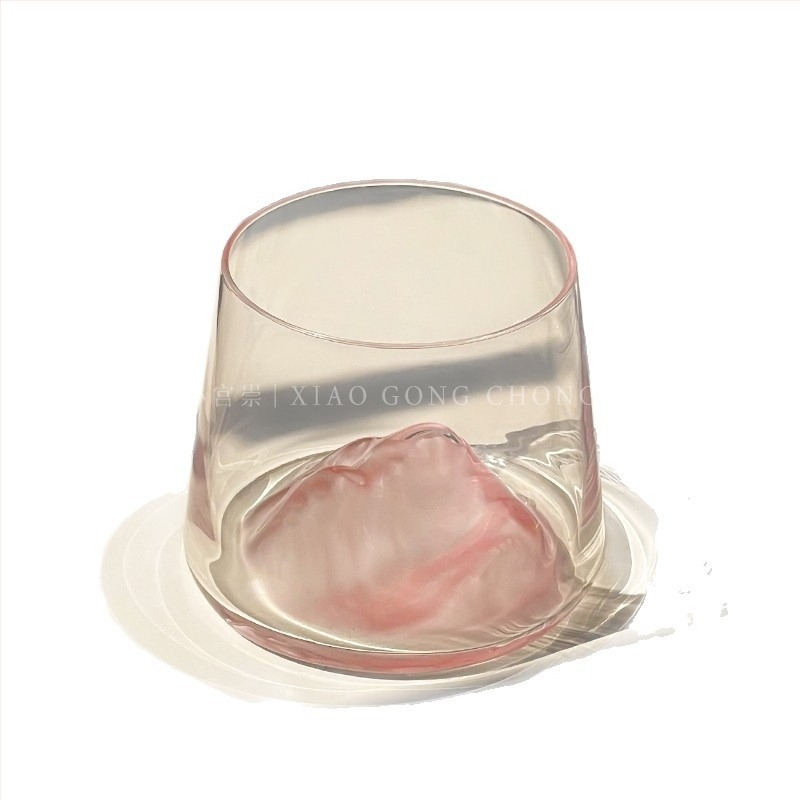Pahar de sticlă inspirat de Instagram, Muntele Fuji, peisaj roz cu munți, sticlă de înaltă calitate pentru whiskey și lichior
