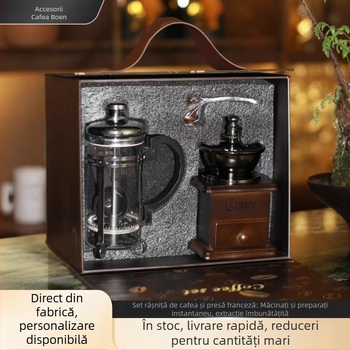 Set măcinător cafea boabe și cafetieră franceză – stil retro, cutie cadou