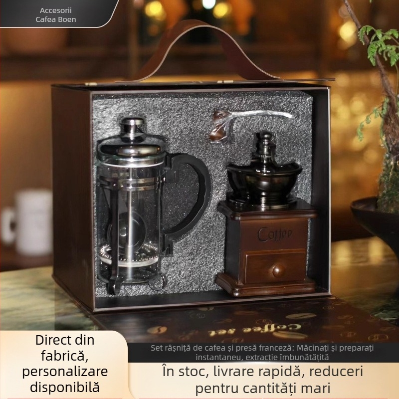 Set măcinător cafea boabe și cafetieră franceză – stil retro, cutie cadou