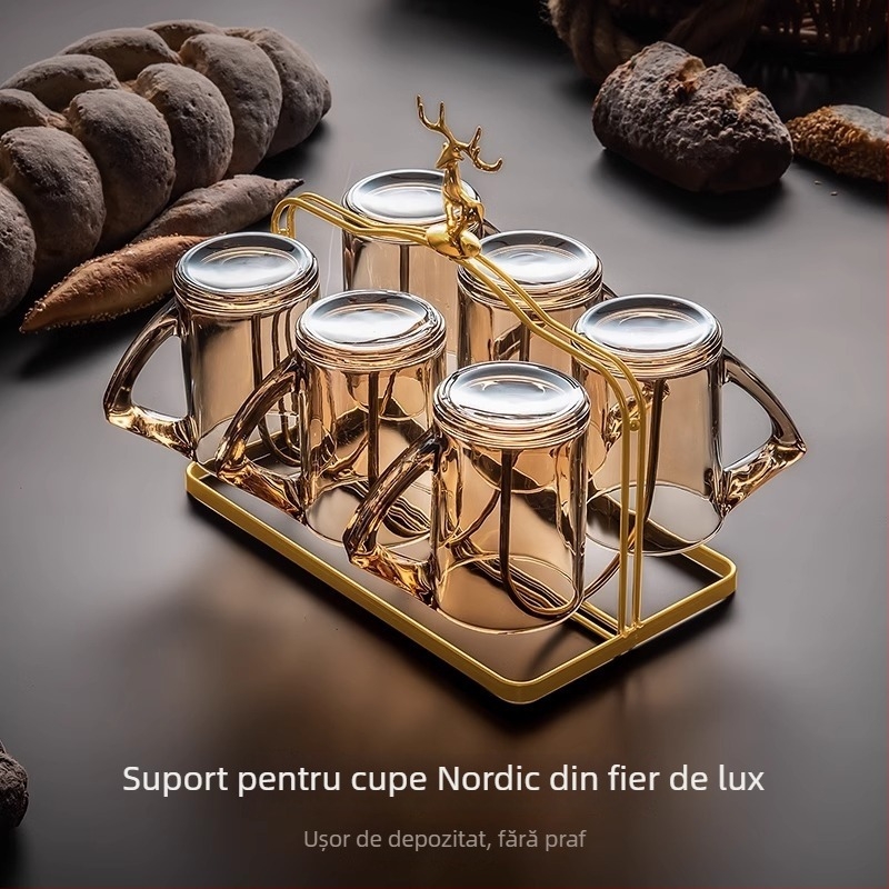 Set de pahare din sticlă, cu capacitate mare, pentru uz casnic în living: rezistent la căldură și la șocuri, design minimalist; include cană pentru apă rece, ceașcă de ceai și pahar de vin.