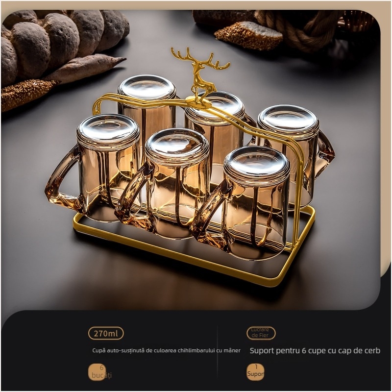 Set de pahare din sticlă, cu capacitate mare, pentru uz casnic în living: rezistent la căldură și la șocuri, design minimalist; include cană pentru apă rece, ceașcă de ceai și pahar de vin.