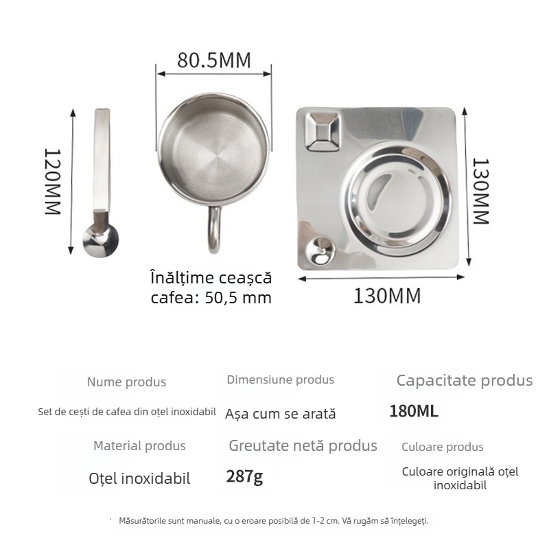 Set de cești de cafea din oțel inoxidabil pentru preparare prin turnare, acasă sau în cafenea, cu linguriță