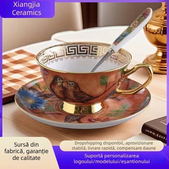 Set cană de cafea și farfurioară din porțelan cu oase, stil european vintage, pictură aurie, cu linguriță