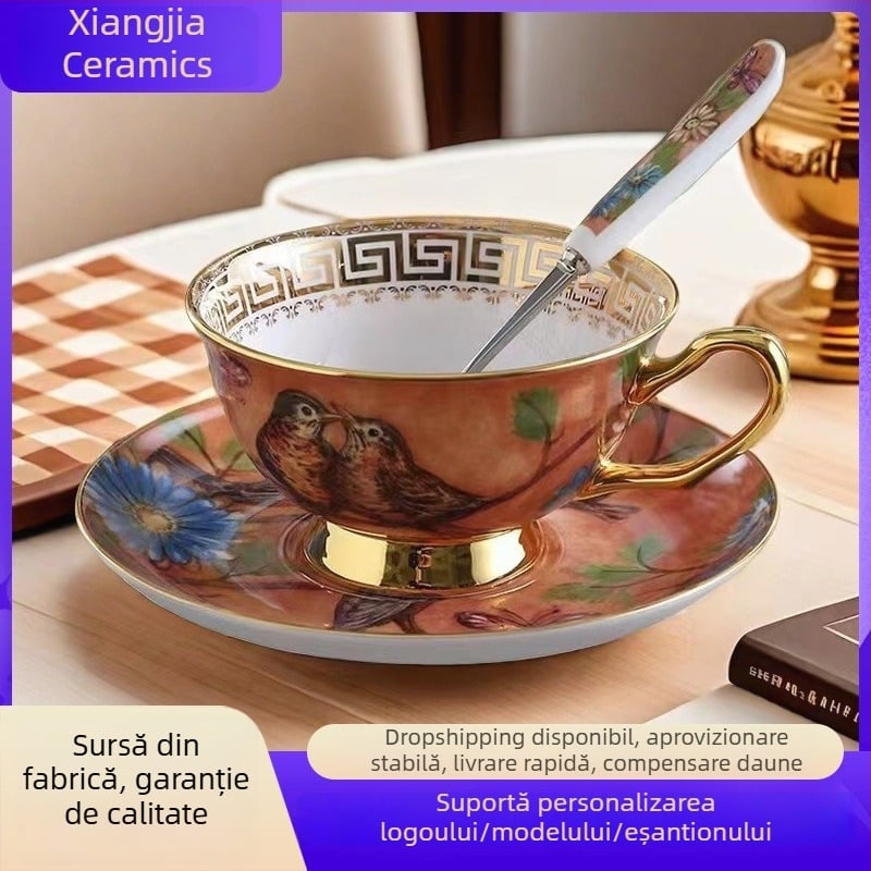 Set cană de cafea și farfurioară din porțelan cu oase, stil european vintage, pictură aurie, cu linguriță