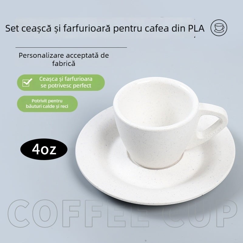 Set de cești de cafea și farfurie în stil european, cu siglă personalizabilă pentru cafenele (PLA biodegradabil)