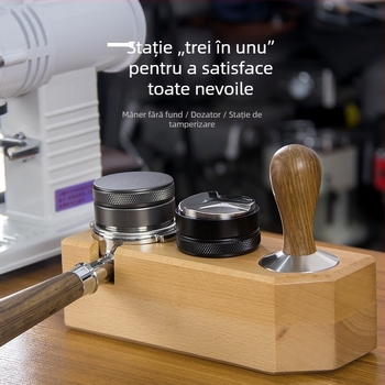 Suport din lemn pentru cafea în stil italian, cu finisaj pictat manual în dungi, însoțit de instrument de tampare