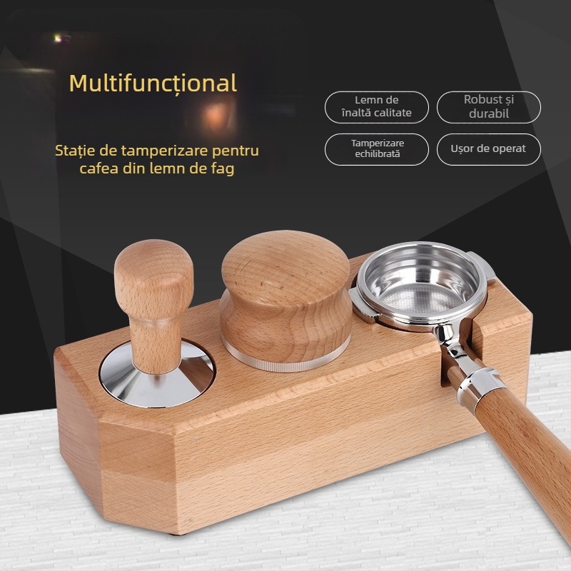 Suport din lemn pentru cafea în stil italian, cu finisaj pictat manual în dungi, însoțit de instrument de tampare