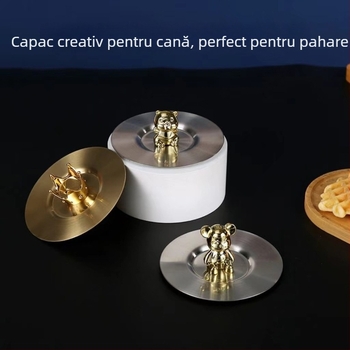 Capac pentru cană din oțel inoxidabil, dimensiune universală, motiv urs, accesoriu capac pentru cană