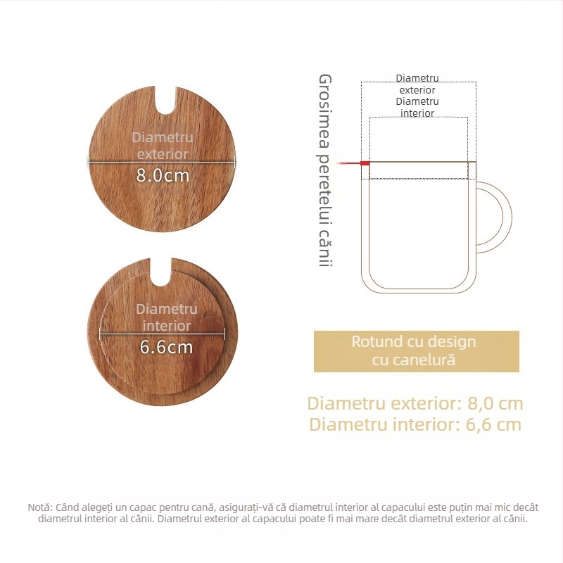 Capac circular universal din lemn de acacie pentru cești, utilizare casnică, multifuncțional pentru căni din ceramică și sticlă