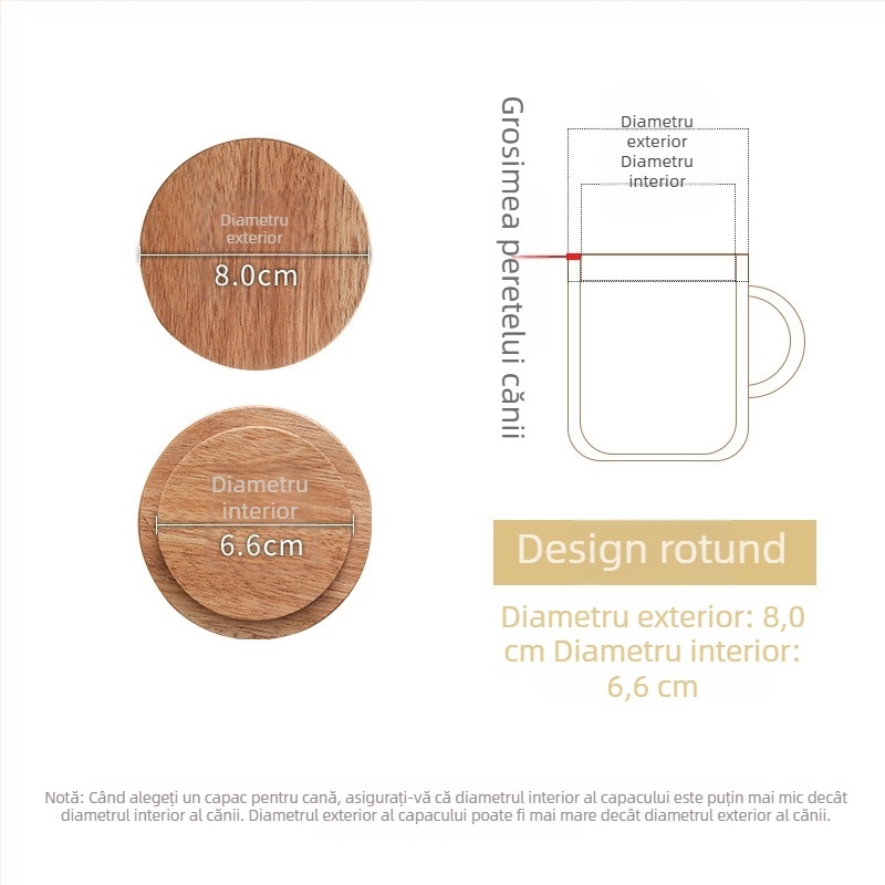 Capac circular universal din lemn de acacie pentru cești, utilizare casnică, multifuncțional pentru căni din ceramică și sticlă