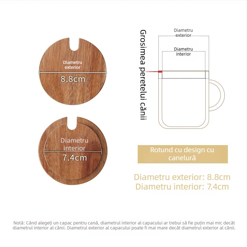 Capac circular universal din lemn de acacie pentru cești, utilizare casnică, multifuncțional pentru căni din ceramică și sticlă