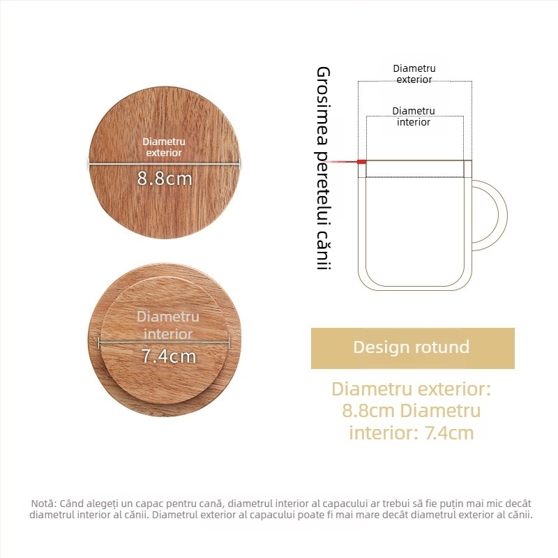 Capac circular universal din lemn de acacie pentru cești, utilizare casnică, multifuncțional pentru căni din ceramică și sticlă