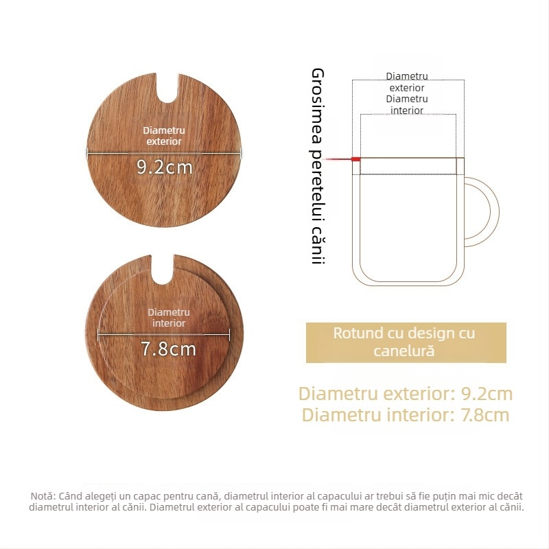 Capac circular universal din lemn de acacie pentru cești, utilizare casnică, multifuncțional pentru căni din ceramică și sticlă