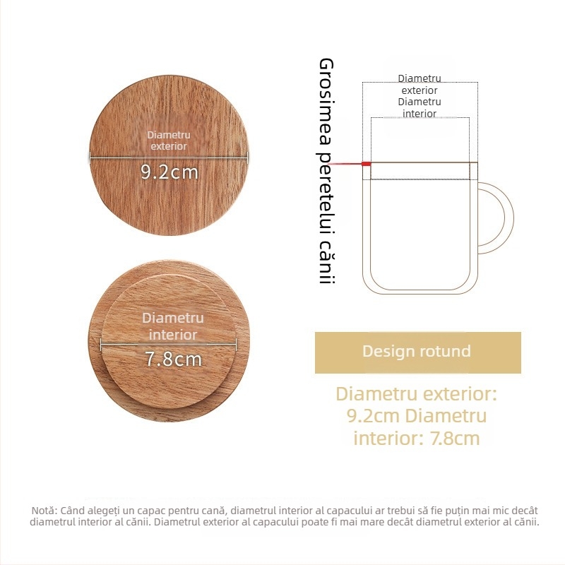 Capac circular universal din lemn de acacie pentru cești, utilizare casnică, multifuncțional pentru căni din ceramică și sticlă