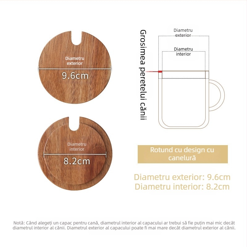 Capac circular universal din lemn de acacie pentru cești, utilizare casnică, multifuncțional pentru căni din ceramică și sticlă