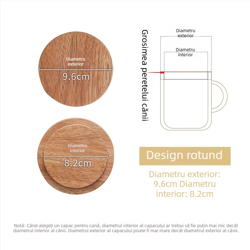 Capac circular universal din lemn de acacie pentru cești, utilizare casnică, multifuncțional pentru căni din ceramică și sticlă
