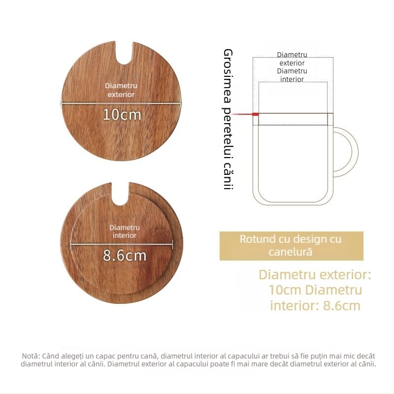 Capac circular universal din lemn de acacie pentru cești, utilizare casnică, multifuncțional pentru căni din ceramică și sticlă