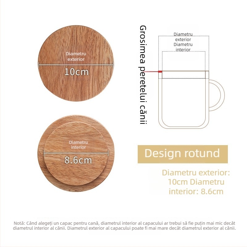 Capac circular universal din lemn de acacie pentru cești, utilizare casnică, multifuncțional pentru căni din ceramică și sticlă