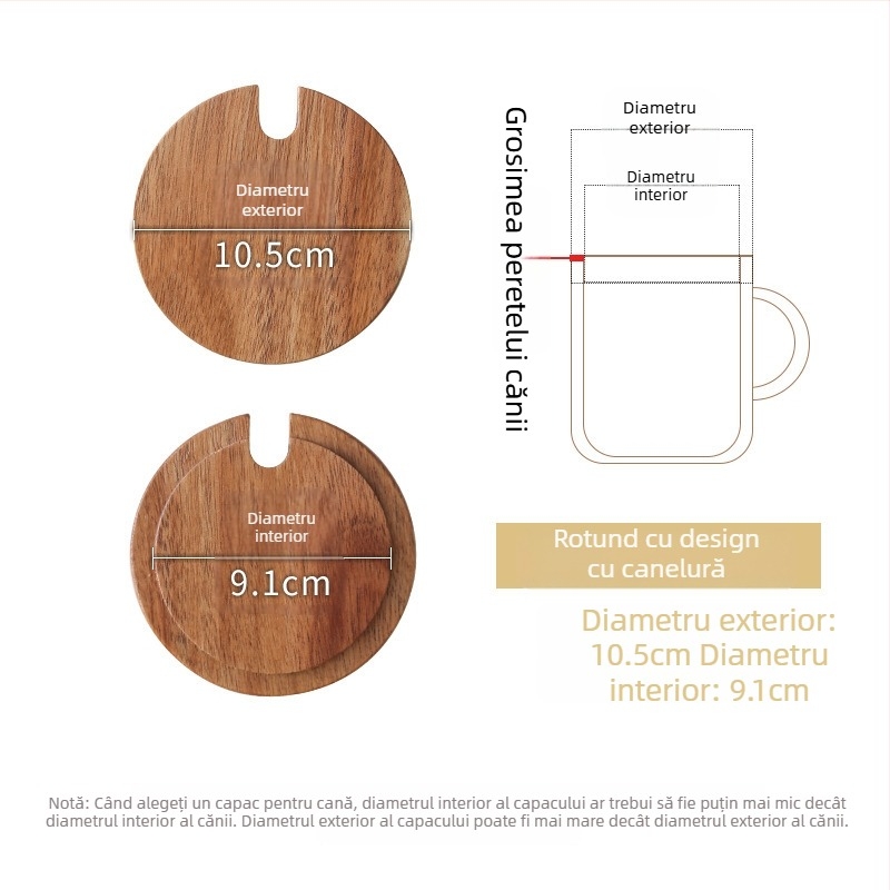 Capac circular universal din lemn de acacie pentru cești, utilizare casnică, multifuncțional pentru căni din ceramică și sticlă