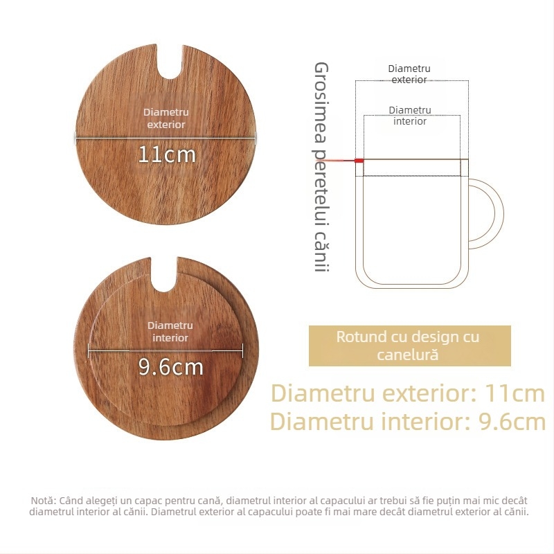 Capac circular universal din lemn de acacie pentru cești, utilizare casnică, multifuncțional pentru căni din ceramică și sticlă