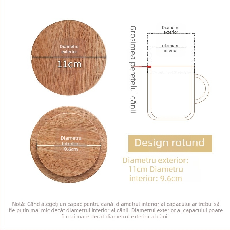 Capac circular universal din lemn de acacie pentru cești, utilizare casnică, multifuncțional pentru căni din ceramică și sticlă