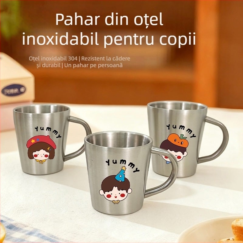 Pahar pentru copii din oțel inoxidabil 304, cu mâner, cu gură deschisă, fără capac