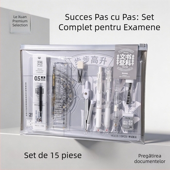 15 piese set de papetărie pentru examene pentru elevi: compas, riglă și set pătrat, pix gel, marker pentru fișe de răspuns