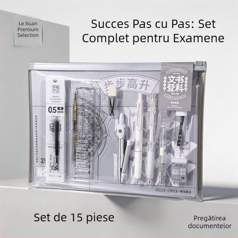 15 piese set de papetărie pentru examene pentru elevi: compas, riglă și set pătrat, pix gel, marker pentru fișe de răspuns