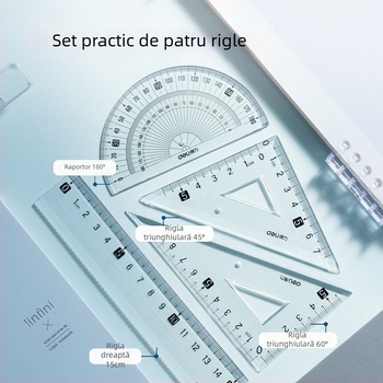 Set de 4 rigle și compas pentru elevi, include rigla de 15 cm, riglă triunghiulară și raportor