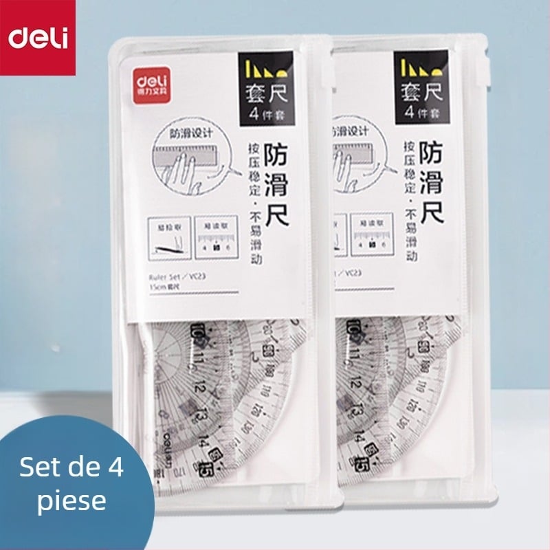 Set de 4 rigle și compas pentru elevi, include rigla de 15 cm, riglă triunghiulară și raportor
