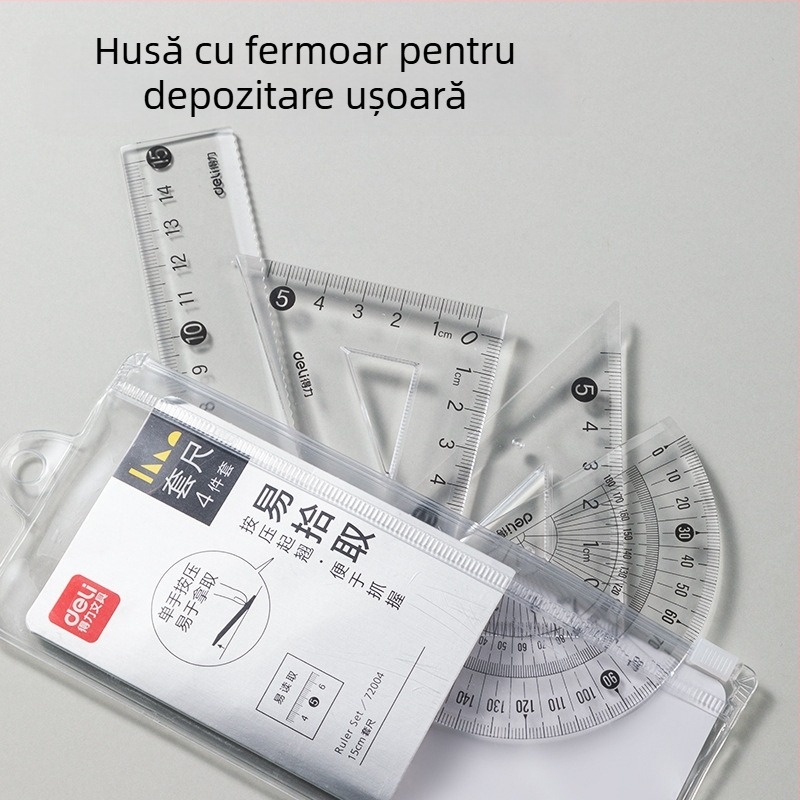 Set de 4 rigle și compas pentru elevi, include rigla de 15 cm, riglă triunghiulară și raportor